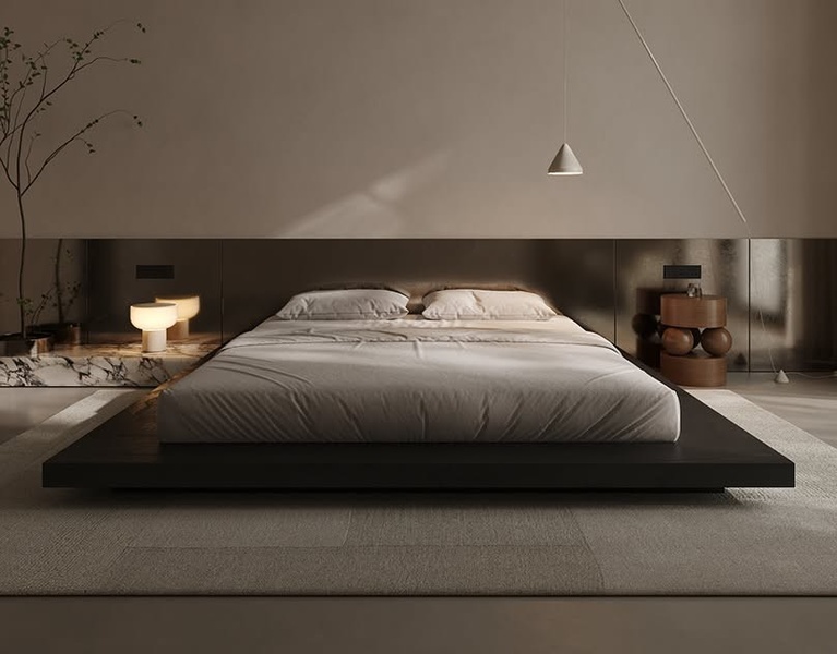 platform bed, low profile bed, modern bed frame, bedroom furniture, minimalist bed, brand awareness, minimalist, editorial, calm, luxurious, neutral, brown
